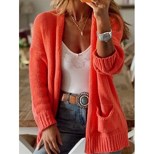 

Mulheres Sueter Cardigan Saltador Crochê Tricotar Bolsos Côr Sólida Abertura Frontal à moda Casual Ao ar livre Diário Outono Inverno Laranja S M L