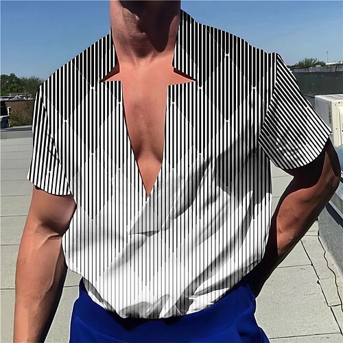 

Hombre Camisa camisa de lino Degradado Geometría Lineal Escote en Pico Blanco Azul Piscina Verde Trébol Caqui Gris Exterior Calle Manga Corta Estampado Ropa Lino Moda Ropa de calle Design Casual