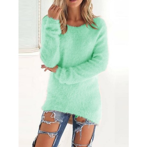 

Women's Pullover Sweater Jumper Crew Neck Fuzzy Knit Cotton Oversized Fall Winter Outdoor Daily Going out Stylish Casual Soft Long Sleeve Solid Color Lake blue ArmyGreen