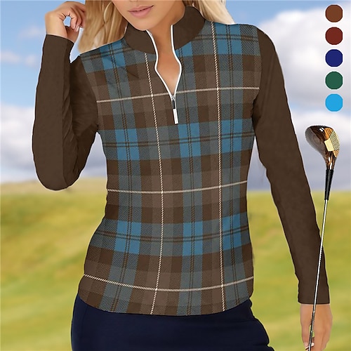 

Damen poloshirt Golfhemd Atmungsaktiv Schnelltrocknend Feuchtigkeitsableitung Langarm Golfbekleidung Golfkleidung Regular Fit Zip Stehkragen Plaid Maillard Frühling Herbst Tennis Golfspiel Pickleball