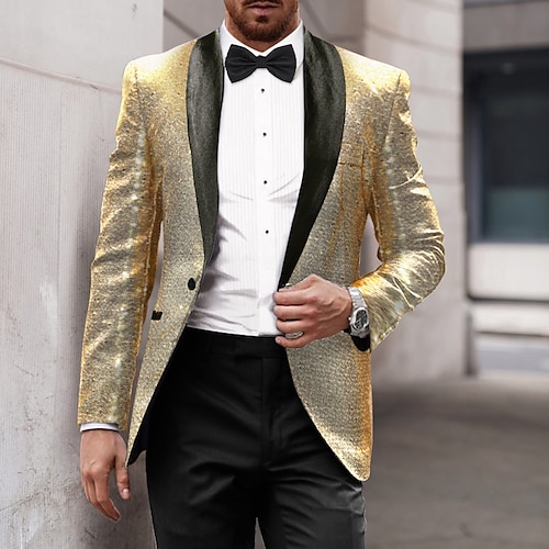 

Men's Sequin 70s Disco Retro Blazer Party Sparkle Casual Jacket Pattern Single Breasted One-button Black Silver Burgundy Royal Blue Gold 2024