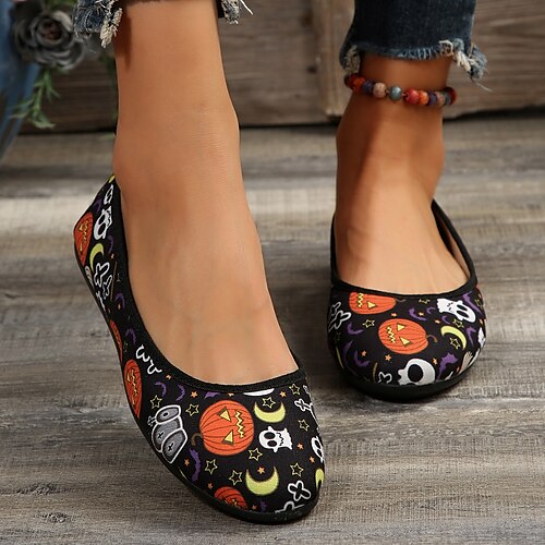 

Femme Ballerines Grandes Tailles Chaussures en Toile Halloween du quotidien Talon Plat Bout rond Mode Décontractées Toile Mocassins Bloc de couleur Orange / Noir