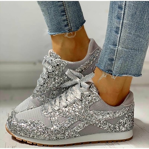 Glitter Tennis Sneakers for Women's Fashion Slip On Lace Up Sport Shoes  Ladies Comfy Crystal Bling Sparkly Breathable Lightweight Walking Dress  Shoes