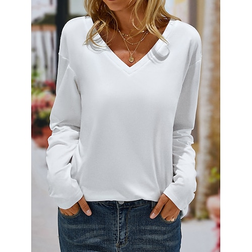 

Women's T shirt Tee White Plain Long Sleeve Daily Weekend Daily Basic V Neck Regular Fit Fall Winter