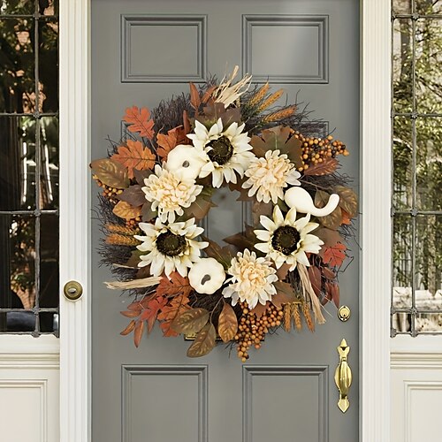 

Guirnalda de calabazas artificiales, corona de otoño con hojas verdes y amarillas, corona de flores para puerta delantera, pared interior, decoración del hogar para bodas