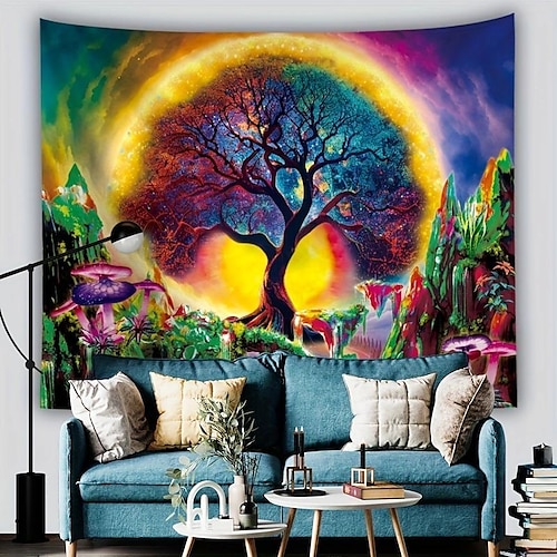 

Tapiz reactivo uv negro, tapiz de árbol de la vida para colgar en la pared, decoración de arte, manta, cortina, mantel de picnic, colgante, dormitorio, sala de estar, decoración del dormitorio