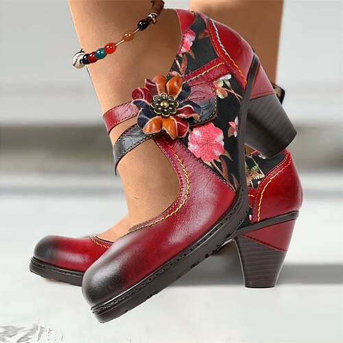 

Women's Heels Hand Stitching Vintage Shoes Boho Bohemia Beach Party Outdoor Daily Summer Flower Cone Heel Round Toe Vacation Cute Elegant Leather Buckle Color Block Red Blue