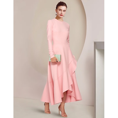 

A-Line Mother of the Bride Dress Formal Wedding Guest Elegant High Low Scoop Neck Asymmetrical Ankle Length Stretch Fabric Long Sleeve with Ruffles 2023