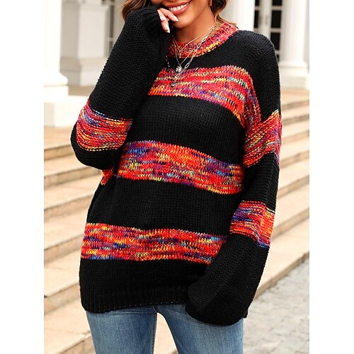 

Women's Pullover Sweater Jumper Jumper Ribbed Knit Patchwork Color Block Crew Neck Stylish Casual Outdoor Daily Summer Fall Black White S M L