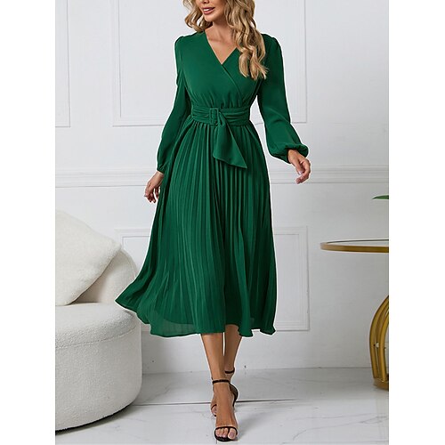 

Women's Casual Dress Swing Dress Plain Dress Midi Dress Lace up Pleated Daily Date Going out Fashion Basic V Neck Long Sleeve 2023 Regular Fit Black Red Blue Color S M L XL XXL Size