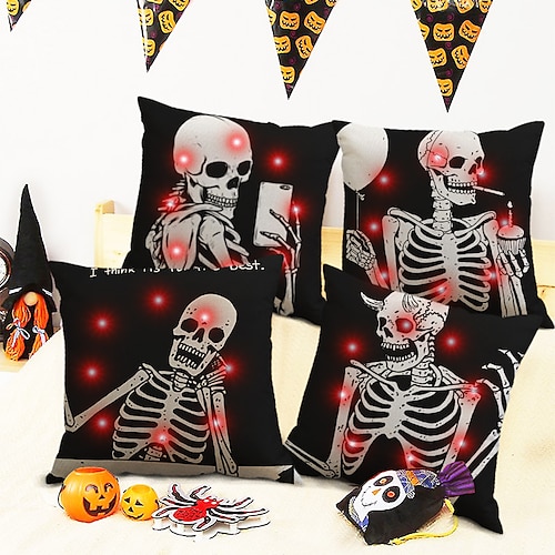 

capa de almofada de lado duplo halloween 4pc capa de almofada quadrada decorativa macia fronha para quarto sala de estar sofá sofá cadeira (com luzes led de corda)