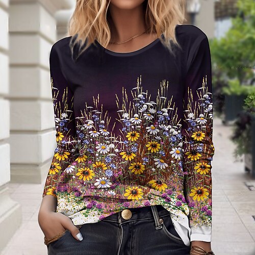 

Women's T shirt Tee Purple Floral Print Long Sleeve Holiday Weekend Daily Basic Round Neck Regular Fit Floral Painting Fall Winter