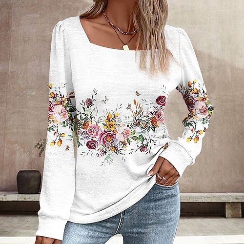 

Femme T shirt Tee Blanche Floral Imprimer manche longue Vacances Fin de semaine Mode du quotidien basique Col Rond Standard Fleur Peinture Automne hiver