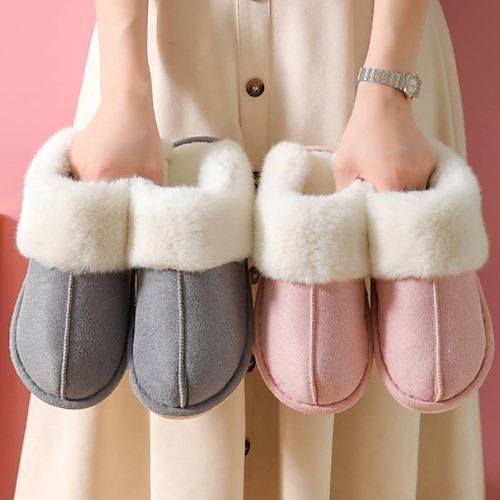 Women's Slippers Furry Feather Fuzzy Slippers Fluffy Slippers House Slippers Home Daily Solid Color Winter Flat Heel Round Toe Plush Comfort Minimalism PU Loafer Pink Brown khaki