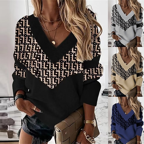 

Pull Maille Femme A côtes Tricoter Imprimer Géométrique Col V mode Décontractées Extérieur du quotidien manche longue Automne Hiver Noir Bleu S M L