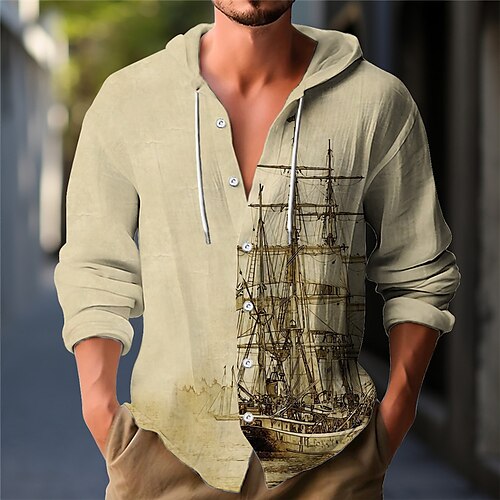 

Homens Camisa Social camisa de linho Vintage Veleiro Com Capuz Verde Cáqui Cinzento Ao ar livre Rua Manga Longa Com Cordão Imprimir Roupa Linho Moda Roupa de rua Designer Casual