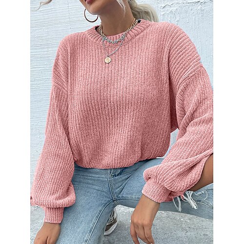 

Women's Pullover Sweater Jumper Jumper Ribbed Knit Oversized Solid Color Crew Neck Stylish Casual Outdoor Daily Fall Winter White Pink One-Size