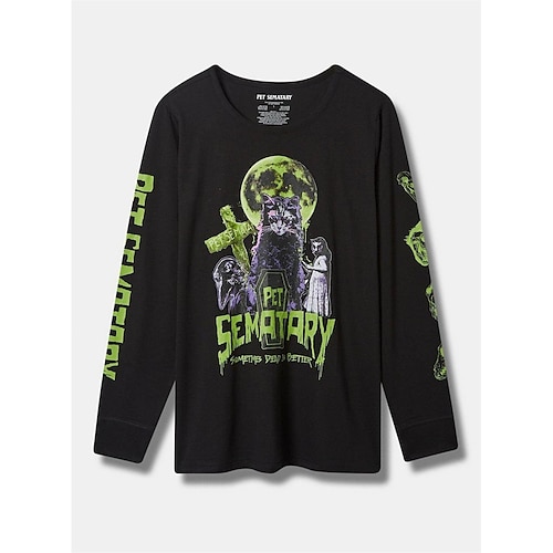 

Femme T shirt Tee Noir Chat Imprimer manche longue Halloween Fin de semaine basique Col Rond Spooky Standard Peinture