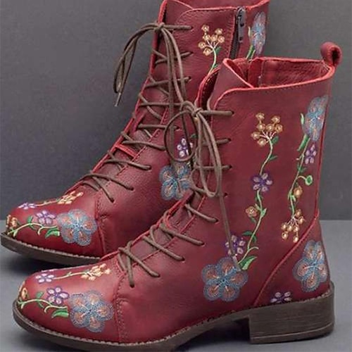 

Damen Stiefel Springerstiefel Stiefeletten Outdoor Täglich Stickerei Niedriger Absatz Blockabsatz Runde Zehe Vintage Elegant Brautkleider schlicht PU Halbschuhe Blumen Gelb Rot Blau