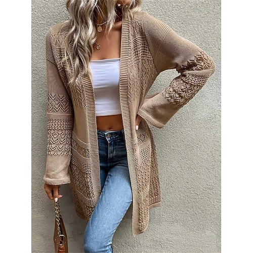 

Women's Cardigan Sweater Jumper Ribbed Knit Tunic Hole Solid Color Open Front Stylish Casual Outdoor Daily Summer Fall White Khaki One-Size