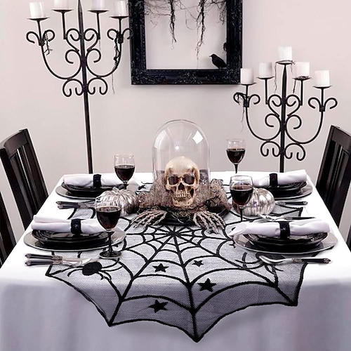 

Decorações de halloween toalha de mesa de renda preta redonda capa de mesa aranha teia de aranha cachecol de lareira abajur para festa de halloween