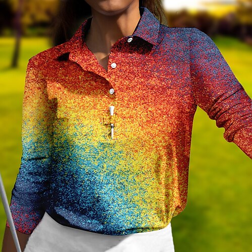 

Mulheres Camisa polo de caminhada Camisa de golfe Pólo de botões Respirável Secagem Rápida Pavio Humido Manga Longa Vestuário de golfe Roupas de golfe Normal Arco-Íris Primavera Outono Tênis Golfe