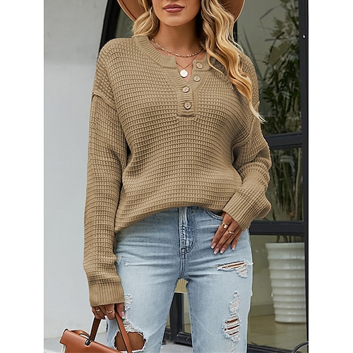 

Women's Pullover Sweater Jumper Jumper Waffle Knit Button Solid Color V Neck Stylish Casual Outdoor Daily Summer Fall Black Wine S M L