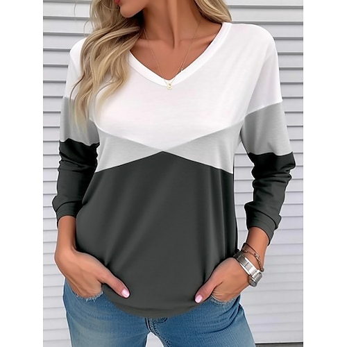 

Mujer Camiseta Negro Blanco Gris Bloque de color Estampado Manga Larga Diario Fin de semana Básico Escote en Pico Ajuste regular Pintura