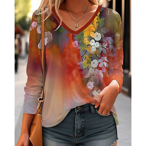 

Mujer Camiseta Rojo Floral Estampado Manga Larga Festivos Fin de semana Diario Básico Escote en Pico Ajuste regular Flor Pintura Otoño invierno