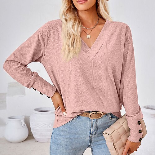 

Damen T Shirt Leder Pink Schwarz Rosa Glatt Langarm Täglich Wochenende Täglich Basic V Ausschnitt Regular Fit Herbst Winter