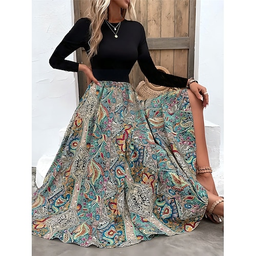 

Tenue décontractée Robe d'hiver Robe ethnique Femme Floral Cachemire Poche Imprimer Col Ras du Cou Rétro Vintage Ethnique Extérieur du quotidien manche longue Standard Jaune Bleu Roi Bleu Automne