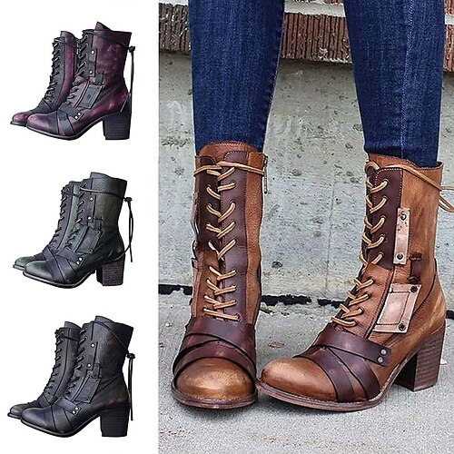 

Mujer Botas Botas de Combate Tallas Grandes Exterior Diario Invierno Tacón Cuadrado Dedo Puntiagudo Vintage Casual Minimalismo PU Cordones Negro Morado Marrón