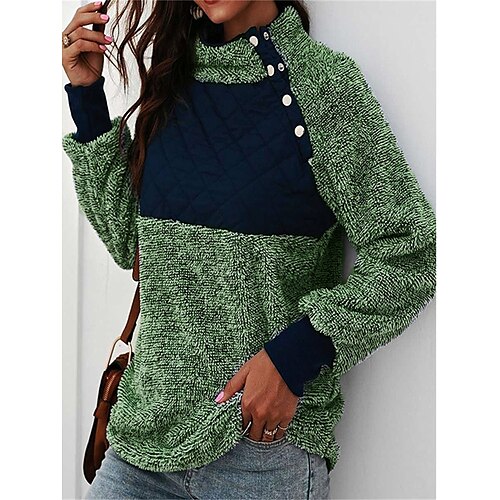 

Women's Pullover Sweater Jumper Jumper Ribbed Knit Patchwork Button Color Block Turtleneck Stylish Casual Outdoor Daily Fall Winter Green S M L