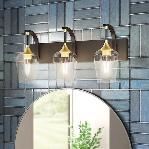 

Lámpara de tocador moderna, lámparas de baño de 2/3/4/5 luces con bonita pantalla de vidrio, aplique de pared de madera hecho a mano industrial de oro negro para baño, pasillo, dormitorio, 110-240v