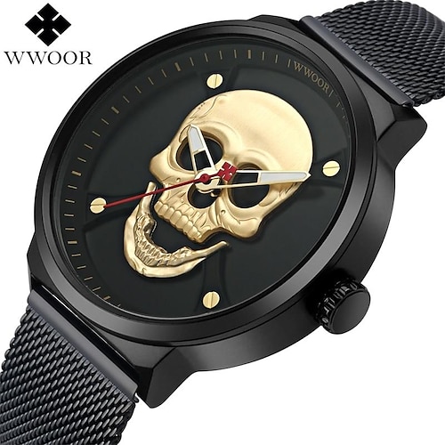 

wwoor cool punk or crâne hommes montres marque de luxe créatif vintage étanche horloge à quartz mâle noir acier sport montre-bracelet