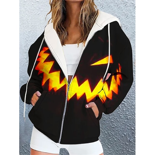 

Damen Zip Hoodie Kapuzenjacke Halloween Sweatshirt Strassenmode Reißverschluss Vordertasche Schwarz Gelb Rote Graphic Halloween Kapuzenpullover Langarm Oberteil Mikro-elastisch Herbst Winter