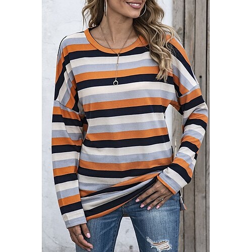 

Damen T Shirt Blau Orange Beige Gestreift Bedruckt Langarm Täglich Wochenende Täglich Basic Rundhalsausschnitt Regular Fit Farbe Herbst Winter