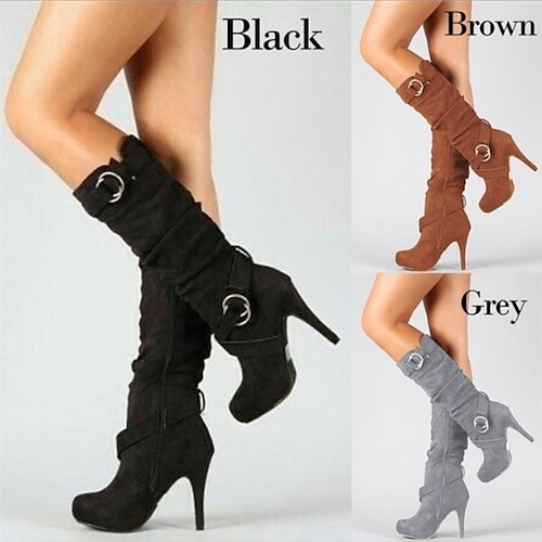 

Women's Boots Suede Shoes Stilettos Slouchy Boots Outdoor Daily Solid Color Mid Calf Boots Winter Stiletto Heel Round Toe Elegant Vintage Sexy PU Zipper Black Gray
