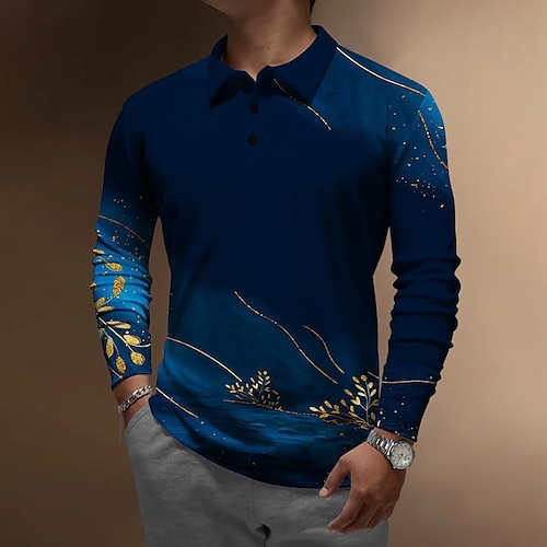 

Homens Camiseta Polo Camisa de golfe Gradiente Estampas Abstratas Folhas Aberto para a Lateral Azul Marinha Verde Ao ar livre Rua Manga Longa Imprimir Roupa Moda Roupa de rua Designer Macia