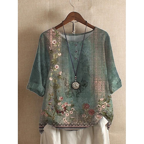 

Damen Hemd Bluse Schwarz Weiß Gelb Blumen Gestreift Taste Bedruckt Kurzarm Casual Festtage Basic Rundhalsausschnitt Blume