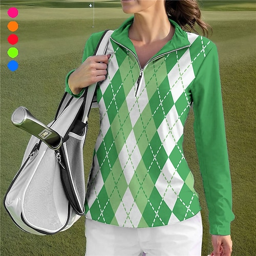 

Damen poloshirt Golfhemd Atmungsaktiv Schnelltrocknend Feuchtigkeitsableitung Langarm Golfbekleidung Golfkleidung Regular Fit Zip Stehkragen Plaid Frühling Herbst Tennis Golfspiel Pickleball