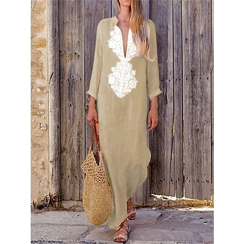 

Women's Cotton Linen Maxi Dress V Neck Long Sleeve Yellow Sky Blue Khaki Summer Spring Fall Casual Outdoor Daily Vacation Loose Fit
