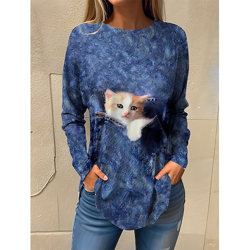 

Damen T Shirt Blau Katze 3D Bedruckt Langarm Täglich Wochenende Basic Rundhalsausschnitt Regular Fit 3D Cat Farbe