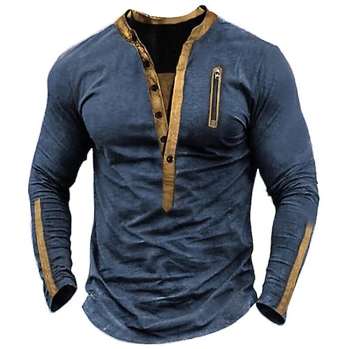 

Men's Henley Shirt Tee Top Plain Henley Street Vacation Long Sleeve Patchwork Zipper Clothing Apparel Designer Vintage Basic The Zipper Pocket