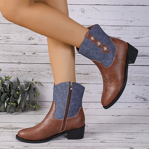 

Mulheres Botas Botas Cowboy Tamanhos Grandes Botas de salto Diário Botas Botas Tornozelo Inverno Salto de bloco Ponta Redonda Casual Couro Sintético zíper Bloco de cor Preto Marron