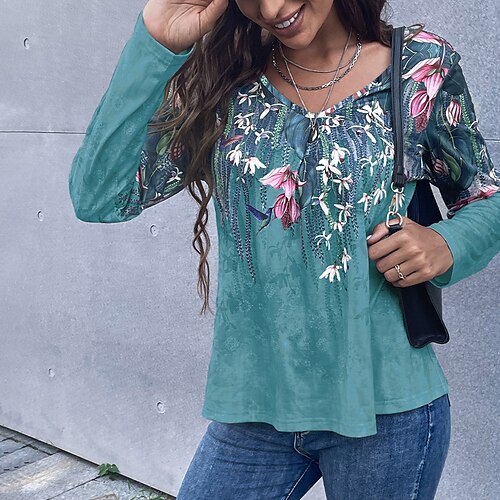 

Women's T shirt Tee Red Green Gray Floral Print Long Sleeve Holiday Weekend Basic V Neck Regular Fit Floral Painting Spring Fall