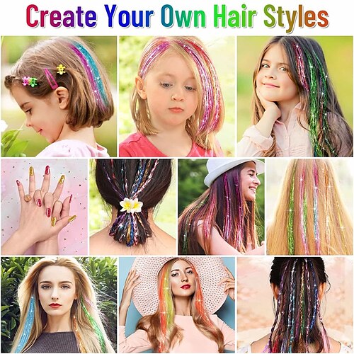 Hair Tinsel Kit (48 Inch 16 Colors 3200 Strands) Glitter Sparkling Tinsel  Hair Extensions with Tools Heat Resistant Fairy Hair Tinsel Kit for Women  Girls Cosplay Party Festival Hair Accessories 2024 - $22.99