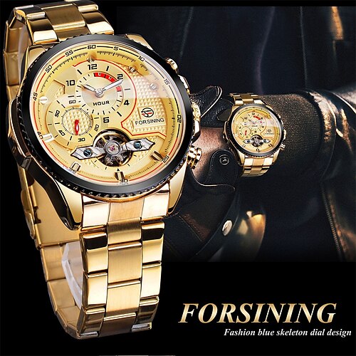 

FORSINING Men Mechanical Watch Luxury Large Dial Fashion Business Hollow Skeleton Automatic Self-winding Tourbillon Date Week Alloy Watch