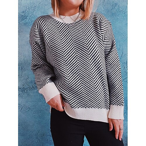 

Mujer Suéter de punto Puente Estriado Tejer Retazos Geométrico Cuello Barco Elegante Casual Diario Noche Otoño Invierno Negro Blanco S M L