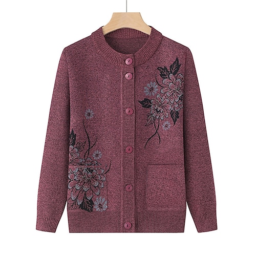 Per donna Cardigan Maglione Moda Informale Morbido Floreale A coste Girocollo Bottoni Tasche Manica lunga Maglia Esterno Per eventi Per uscire Rosso violaceo Verde primavera Autunno Inverno